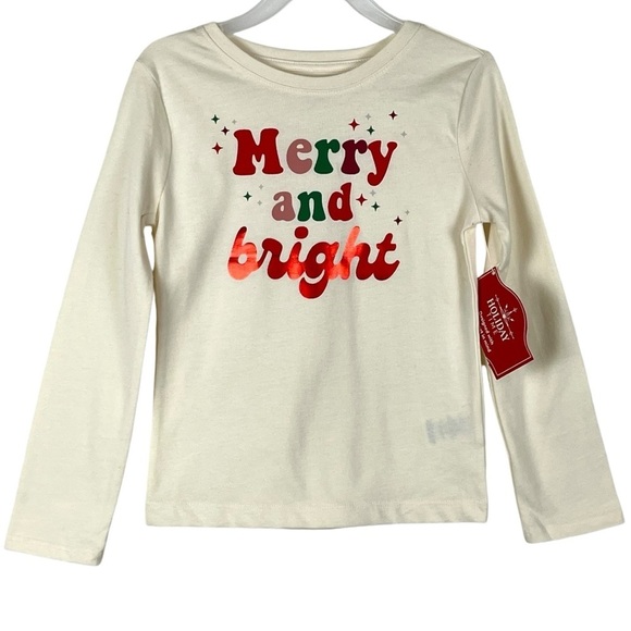 NWT Girl’s Christmas Holiday Merry & Bright Cream Long-Sleeved T-Shirt Size 4/5 - Picture 1 of 7